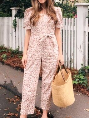 Gal Meets Glam Iris Pink Floral Cotton Puff Sleeve Belted Jumpsuit
